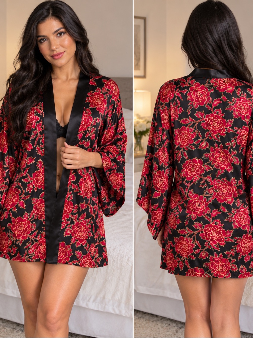 Victoria's Secret Black & Red Floral Satin Robe